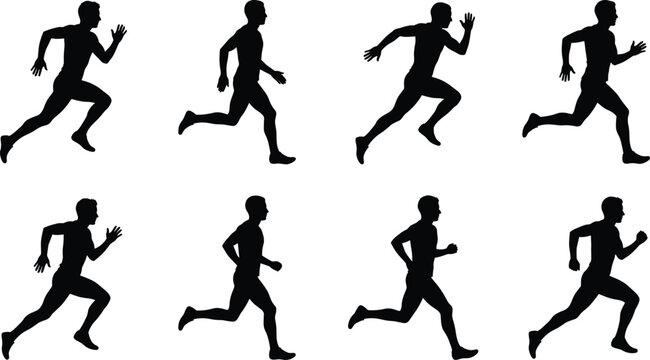 Running man silhouette set showing sprinting and jogging poses in motion sequence, athletic male figure isolated on white background, fitness sport action concept.