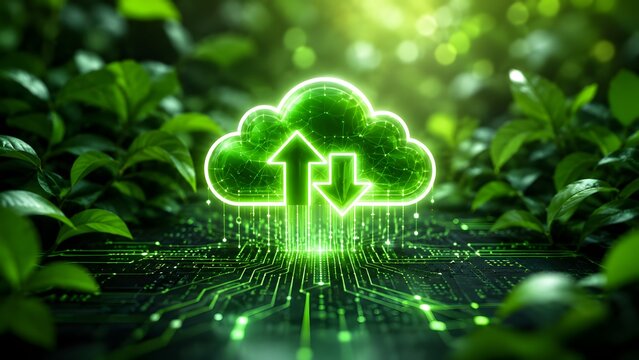 Sustainable green cloud computing concept with glowing download and upload cloud icon on circuit board surrounded by lush natural foliage