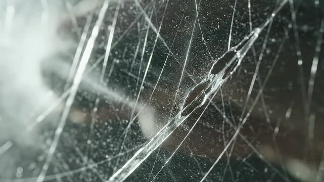 A close-up view reveals a shattered screen with a complex network of cracks and a fingertip touching the damaged surface, highlighting the fragility of modern technology.