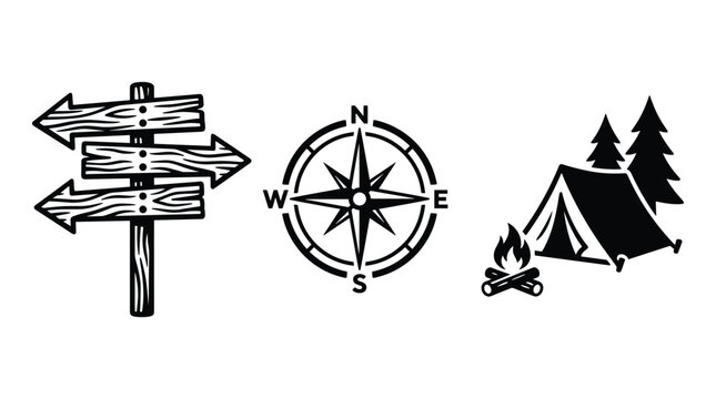 Set of travel and camping vector icons featuring wooden direction sign post compass and tent near bonfire site.
