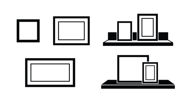 Set of black silhouette picture frames and frames on shelves vector illustrations.
