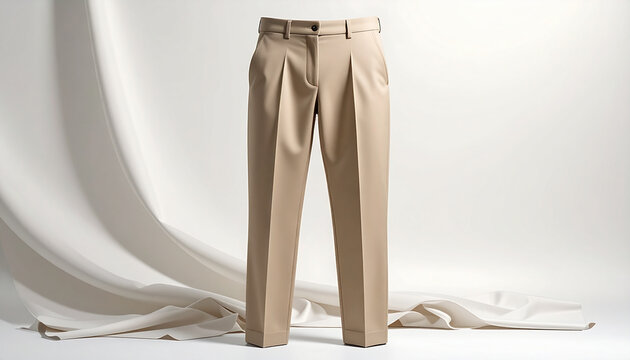 Elegant beige trousers on white background