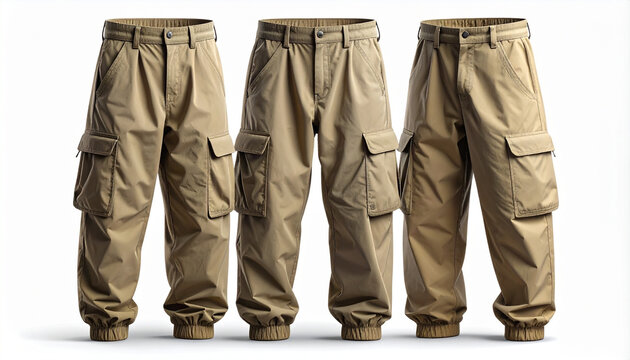 Three beige cargo pants isolated