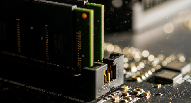 Macro shot of RAM memory modules installed in a computer motherboard slot. Close-up view of electronic components and circuitry. Hardware upgrade concept for tech repair and IT service marketing.