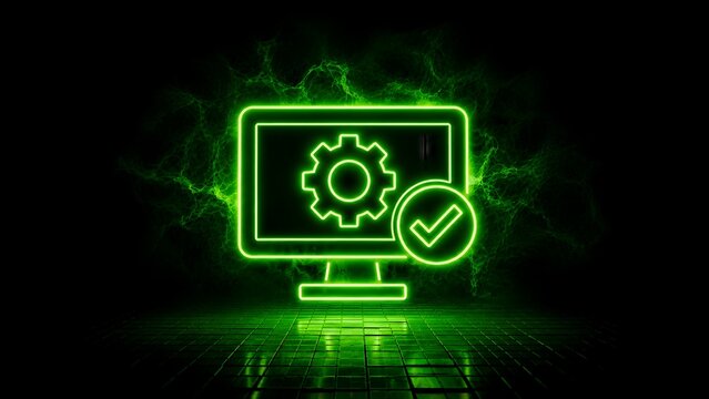 Glowing green computer monitor icon with gear and checkmark symbol representing system optimization IT support and successful software installation