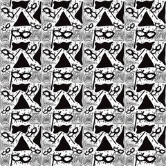 Fototapeta premium Minimalist masquerade mask doodle seamless pattern, aesthetic black and white line art with hand-drawn mystery motifs and abstract swirls for modern textiles.