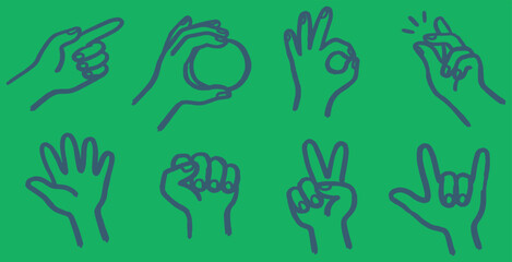 Fototapeta premium Collection of hand gestures in line art on a green background.