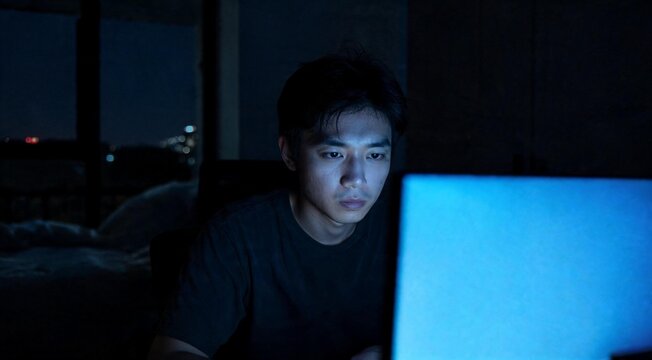 Serious man using computer in dark room