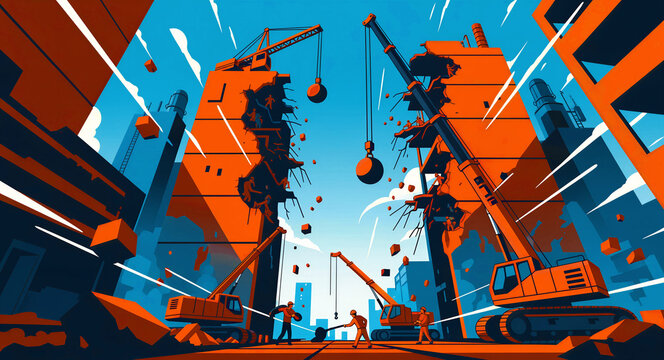 Heavy machinery demolishing buildings at an urban construction site. Cranes and wrecking balls break down structures in a flat vector art style. Concept of urban renewal for industrial design.