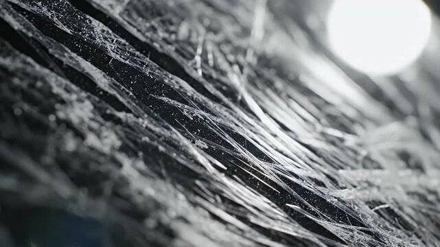 A close-up black and white image showcases a textured surface with intricate patterns and a bright light source creating dramatic highlights and shadows.