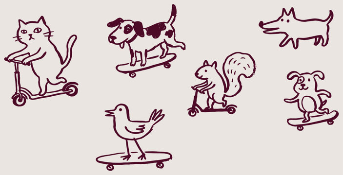 Cute animal characters riding skateboards and scooters in a fun and playful illustration.