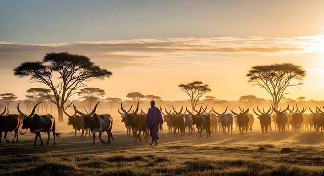 Herd of Ankole Cattle at Sunrise in the African Savannah.