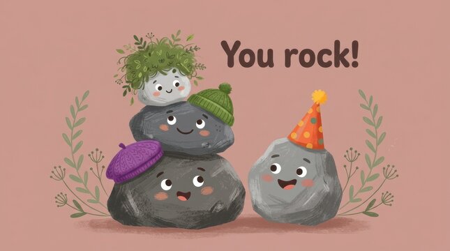 Cheerful rock stack with hats and plants on pink background