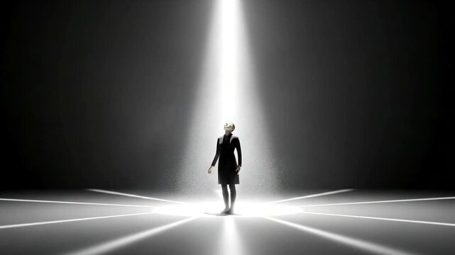 Woman standing under dramatic spotlight in dark room with rays.