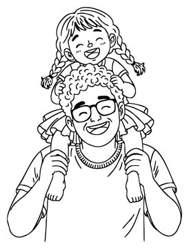 Cute Fathers Day Outline Illustration of Father Carrying Daughter on Shoulders