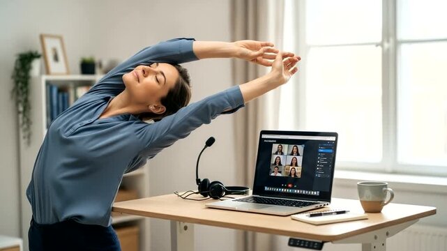 Woman stretching at desk during remote online meeting in home office workspace.