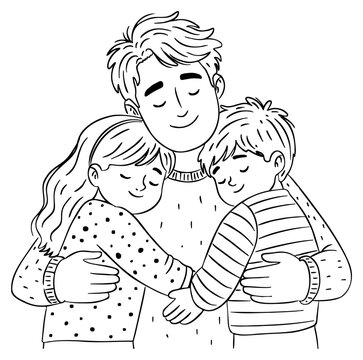 Cute Fathers Day Outline Illustration of Father Hugging Son and Daughter