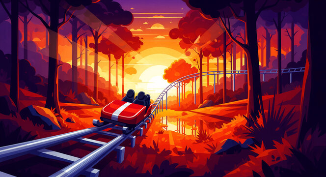 Roller coaster riding through a dense forest during sunset. Warm light rays filter through trees onto the winding track. Adventure park and vacation concept, ideal for travel and tourism marketing.