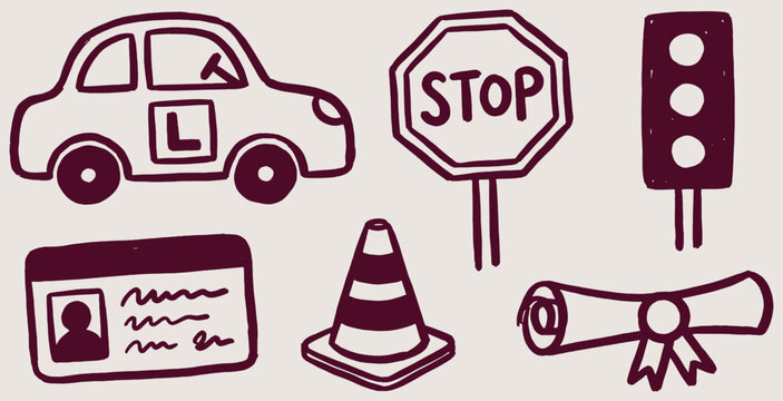 Hand drawn illustration of driving school symbols on a white background.