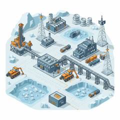 Isometric illustration of an arctic industrial complex with buildings and machinery. © Slamet