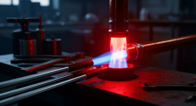 Gas torch heating a copper pipe in an industrial workshop. Intense blue and orange flames focus on the metal joint during soldering. Industrial repair concept, ideal for trade service marketing.
