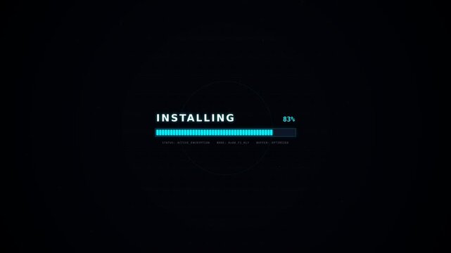 A screen displaying a uploading progress bar indicating completion of a software installation process, with a sleek dark background