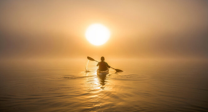 Person kayaking on a calm lake at sunrise under a misty golden sky. A lone paddler moves through dense morning fog towards a bright sun. Peace and outdoor adventure concept for travel marketing.