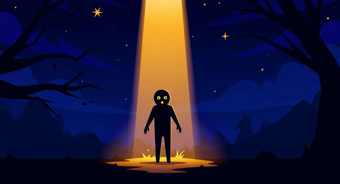 Silhouette standing in a beam of light in a dark forest. Minimalist illustration of an alien abduction or mystery. Sci-fi concept of extraterrestrial contact and discovery.