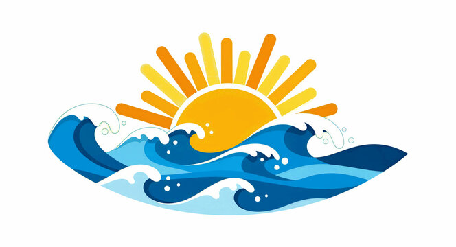 Stylized illustration of a bright sun rising behind blue ocean waves. Clean graphic design featuring minimalist sunbeams and rolling sea surf. Summer travel concept ideal for beach logos and branding.