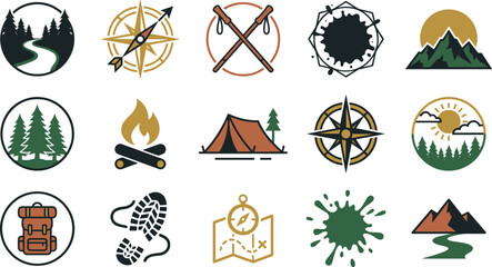 Outdoor camping and hiking adventure badge elements set with mountain tent campfire compass backpack pine tree vector © Halima
