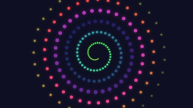 A vibrant circular spiral pattern formed by colorful neon glowing dots