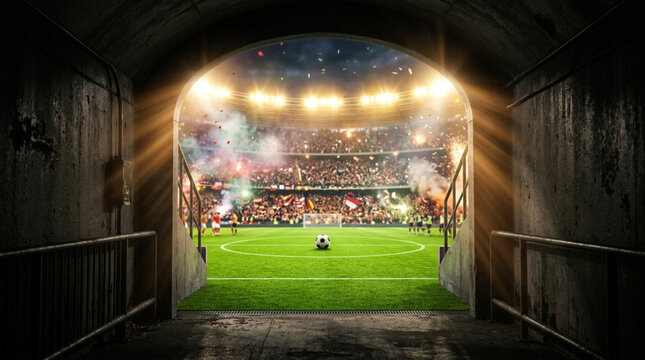 View from a dark concrete player tunnel looking out onto a vibrant green soccer pitch with a soccer ball at the center circle, crowded stadium stands under bright floodlights at night.