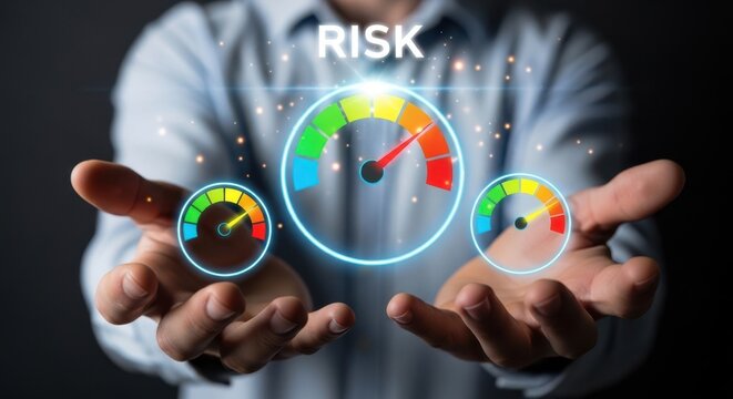 Businessman holding a digital risk assessment gauge with speedometer charts for business performance and financial analysis