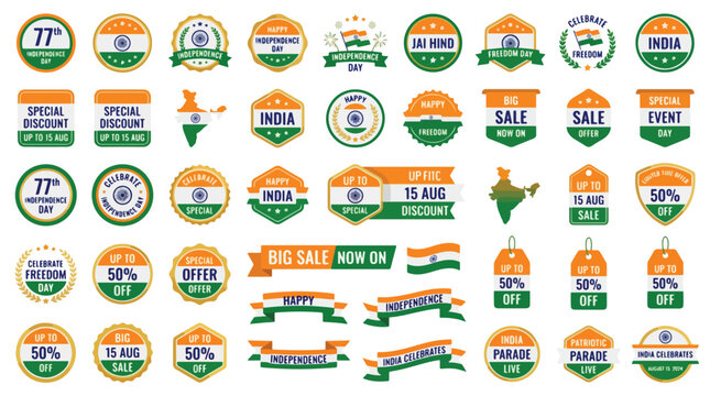 India Independence Day badges and 15 August sale labels, saffron and green tricolor 77th national day stickers, 40 icons set for marketing