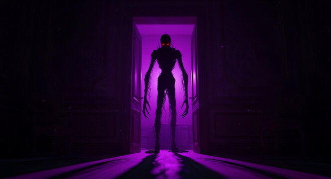 Dark shadow monster with glowing red eyes standing in a doorway. Spooky tall creature silhouetted against purple neon light. Supernatural horror concept ideal for Halloween and thriller themes.