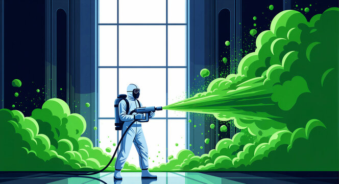 Hazmat worker spraying green chemical mist in a building. Specialist performing industrial fumigation or toxic gas neutralization. Biohazard cleaning and environmental safety concept.
