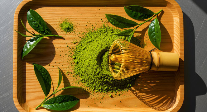 Matcha green tea powder with a bamboo whisk and fresh tea leaves on a wooden tray. Direct sunlight creates dramatic shadows on the textured surface. Healthy superfood and wellness concept.