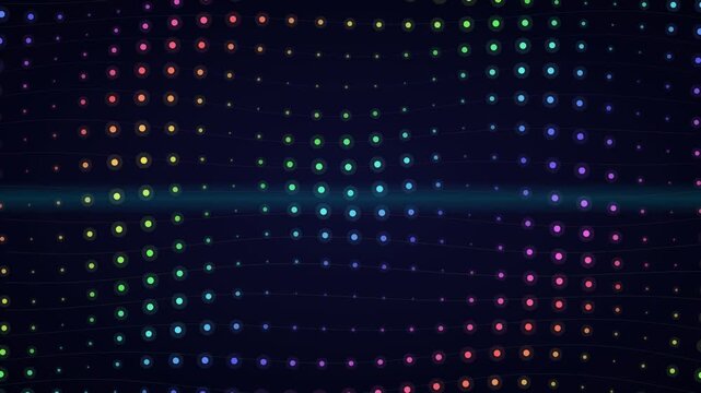 Vibrant rainbow light dots arranged in a curved wave pattern on dark background