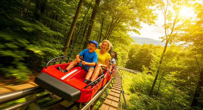 Happy mother and son riding a mountain alpine coaster through a forest. Family enjoying speed and excitement on a summer bobsleigh ride. Adventure travel and outdoor recreation concept.
