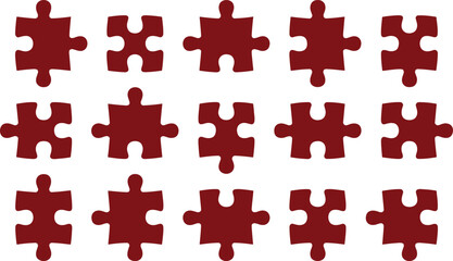 Fototapeta premium Collection of fifteen generic disconnected red puzzle pieces symbolizing problem solving teamwork and challenge