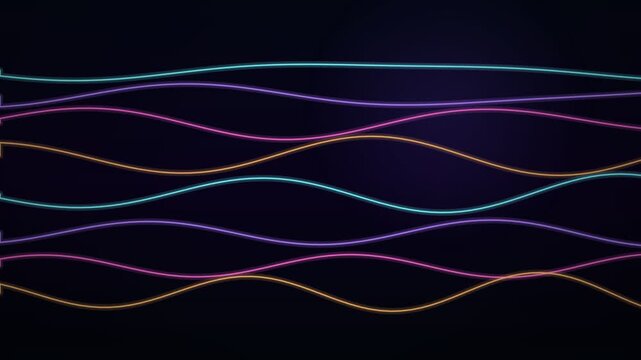 Abstract neon glowing wavy lines arranged in a horizontal parallel pattern
