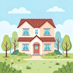 Naklejka premium Cozy Two-Story House with Red Roof and Garden Path