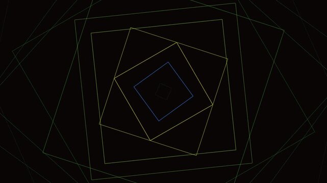 Abstract geometric pattern with rotating colorful square outlines on black