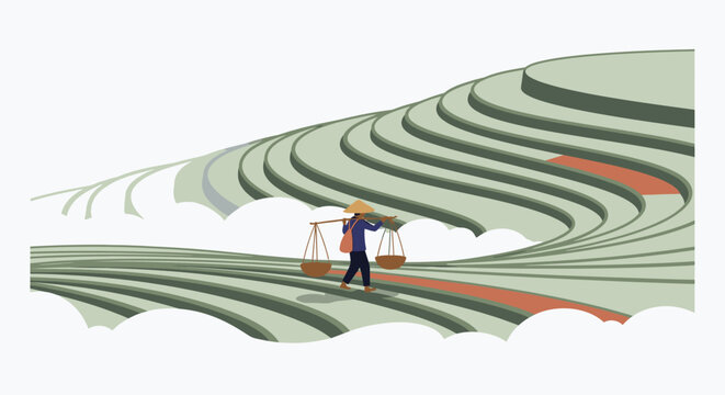 A traditional farmer carries baskets across lush, green terraced rice fields, depicting agricultural life and a serene landscape in Asia.