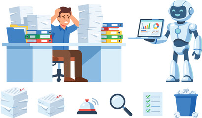Fototapeta premium Stressed Businessman Overwhelmed with Paperwork While AI Robot Assistant Offers Smart Automated Office Solution and Digital Help