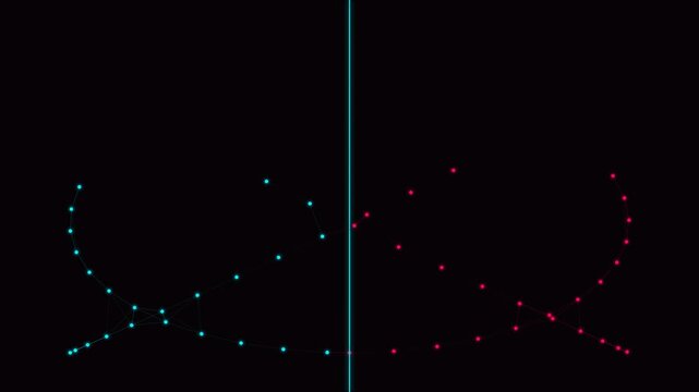 Abstract digital scatter plot formed by red dots on a dark black background