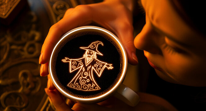 Person holding a cup of coffee with glowing wizard latte art. Detailed fantasy sorcerer illustration in dark espresso foam with warm light. Magic drink concept for creative cafe marketing.