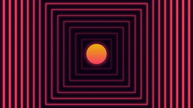 Glowing orange sun centered within a series of nested dark red square frames