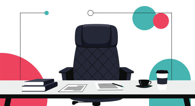 Comfortable office setup with an executive chair, desk, books, coffee, and abstract colorful background shapes.