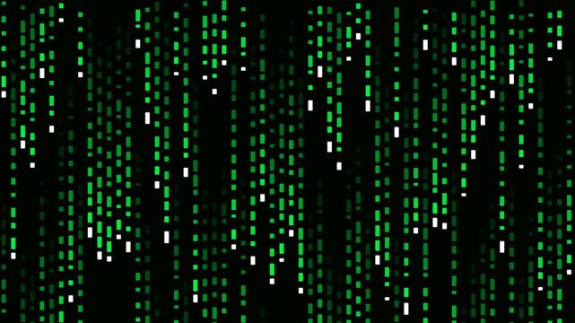 Digital matrix rain effect with cascading green code on a black background